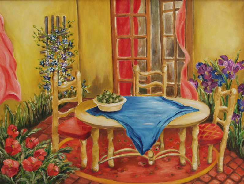 Summer Patio, oil, 35" x 45" - Nancy Haskell