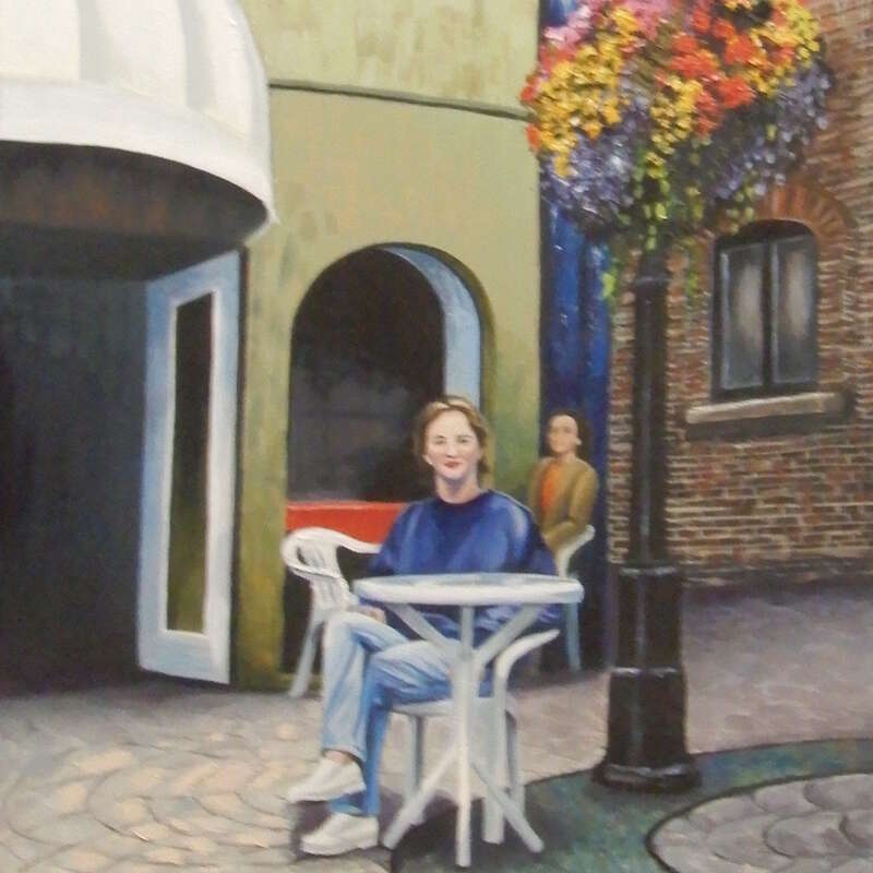 Painting of Lady at a Courtyard Table